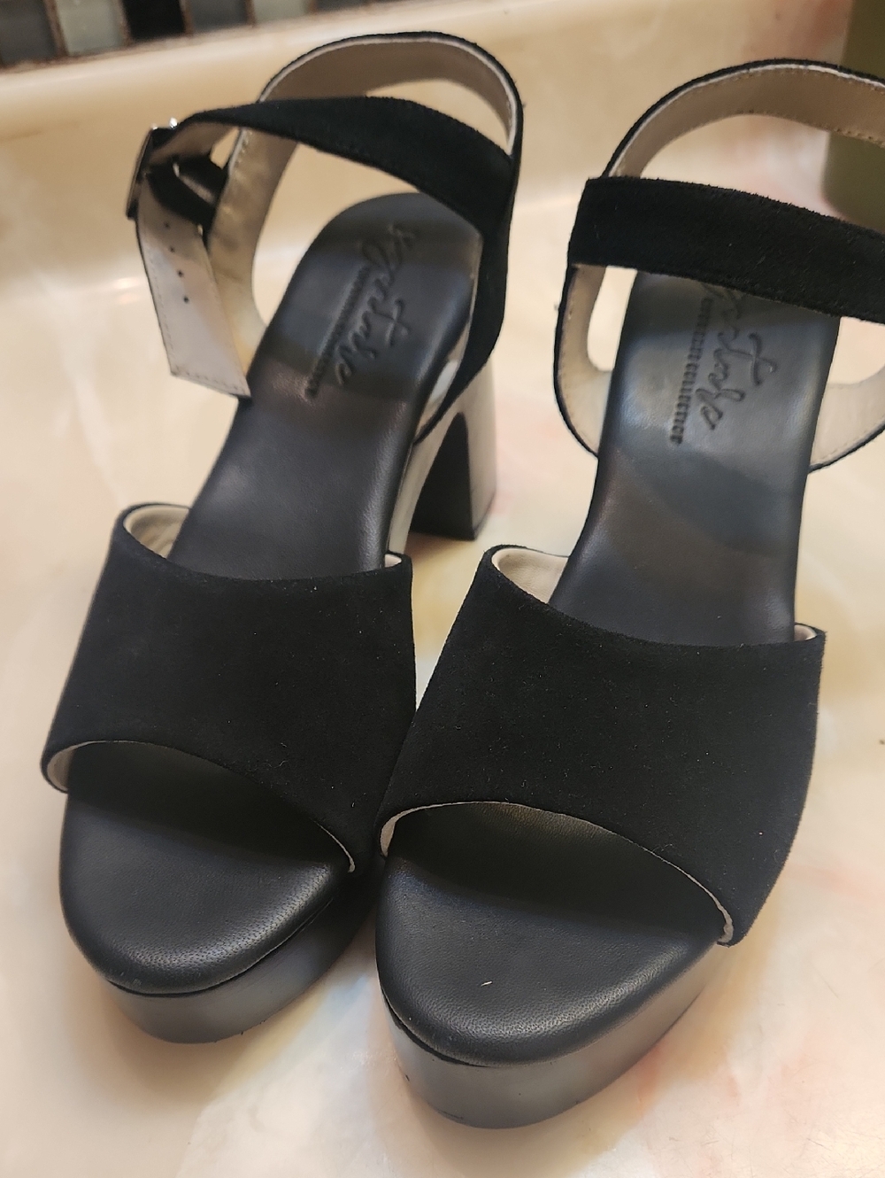 Signature Black Suede Platform Block Heel Sandals